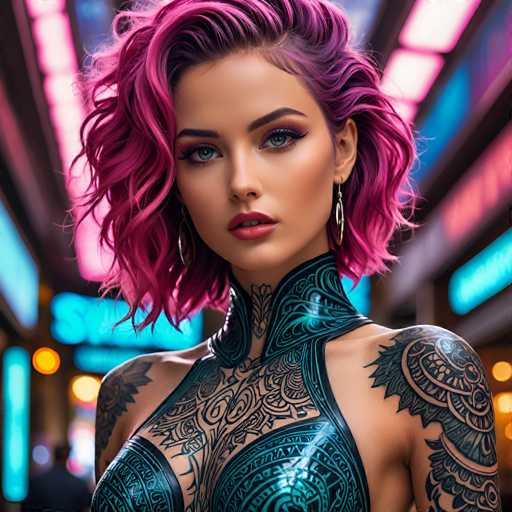 The image shows a young woman with vibrant pink hair and tattoos on her arms and shoulders. She is wearing a blue dress that contrasts with the neon lights of the city behind her. The background features a blend of colorful neon signs and buildings, creating an urban atmosphere.