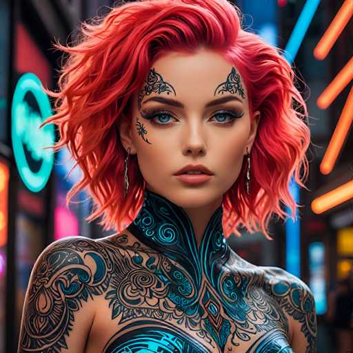 The image shows a close-up portrait of a woman with vibrant red hair styled in loose curls and adorned with intricate tattoos on her upper body. The tattoos feature blue and green designs that contrast against the red tones of her hair. She is wearing earrings and has a nose piercing, adding to her unique appearance. The background reveals a cityscape filled with neon lights, suggesting an urban setting or possibly a nighttime event.