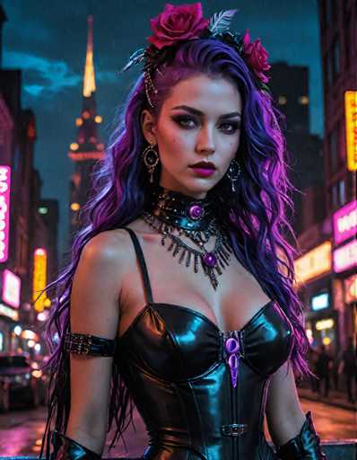A woman with long purple hair is standing on a street at night, wearing a black leather outfit and a headpiece adorned with pink flowers. The background features neon signs and buildings that glow in the dark, creating an urban atmosphere.