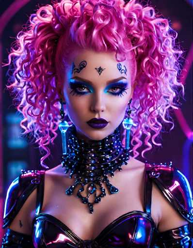 A woman with pink hair styled into a messy bun and wearing a black choker necklace and earrings stands against a purple background.