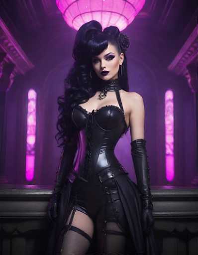 A woman with long dark hair and a corset is standing in front of a pink stained glass window, wearing black leather boots and gloves.