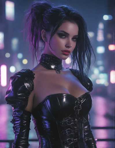 A woman with long dark hair is standing against a backdrop of neon lights and buildings, dressed in a black leather outfit that includes a corset and a choker necklace.