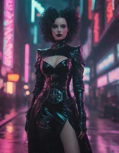A woman is standing on a city street at night, wearing a black leather outfit with a corset and thigh-high boots. The neon lights from the buildings behind her cast an ethereal glow, creating a surreal atmosphere.