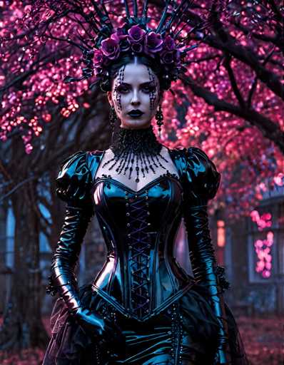 A woman is standing in front of a tree with pink flowers and wearing a black corset, headdress, and gloves. She has dark hair styled in an updo and is holding a flower in her hand. The background features trees and pink flowers, creating a serene and ethereal atmosphere.