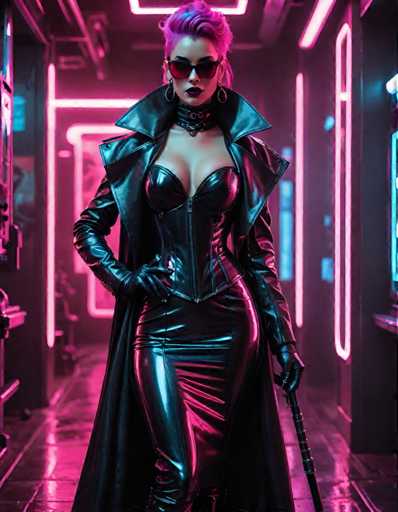 A woman with pink hair is standing in a hallway that has neon lights and a gray wall behind her. She is wearing a black leather corset and high heels, holding a cane in one hand and a microphone in the other.