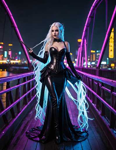 A woman with long blonde hair is standing on a bridge at night, wearing a black corset and a long dress that flows down to her feet. She holds a sword in one hand and a microphone in the other. The background features a city skyline illuminated by pink lights, creating a striking contrast against the dark sky.