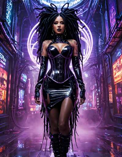 A woman with dreadlocks and a corset stands in front of neon signs on a city street at night.