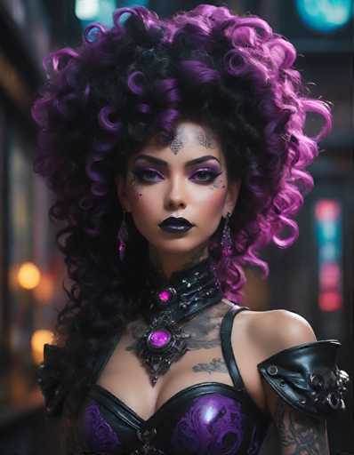 A woman with long curly hair styled in a purple and black updo is the main subject of this image. She is wearing a black leather bra and top that features a large gemstone pendant. The background shows a city street at night with neon lights illuminating the scene.