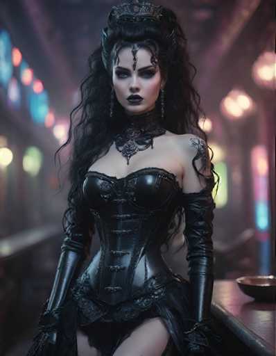 A woman with long dark hair and a black corset is standing on a bar stool wearing a crown of jewels and holding a bowl.