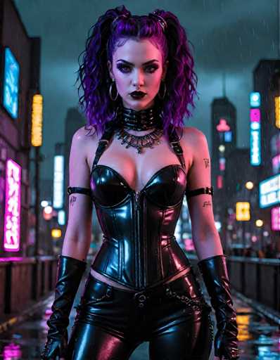 A woman with purple hair and a corset stands on a wet street at night, wearing black leather boots and gloves. The background is filled with neon signs and buildings, creating an urban atmosphere.