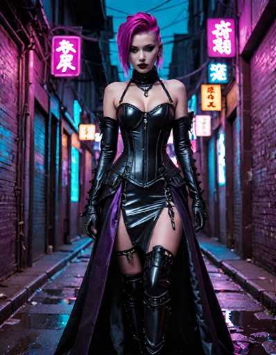 A woman with pink hair and a black leather outfit stands on a wet street at night, wearing high heels and carrying a purse. The background features neon signs and buildings, creating an urban atmosphere.