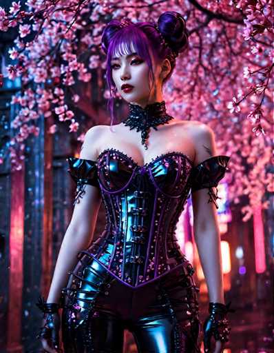 A woman with purple hair and a corset stands in front of a tree adorned with pink flowers, wearing black leather boots and gloves.