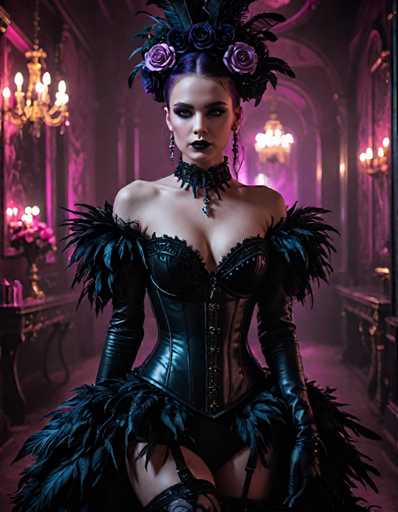 A woman is standing in front of a mirror wearing a corset and feathered headdress with purple flowers on it. She has long hair and is dressed in black leather attire that includes a corset top and skirt. The background features an ornate room with chandeliers hanging from the ceiling, creating a sense of opulence and grandeur.