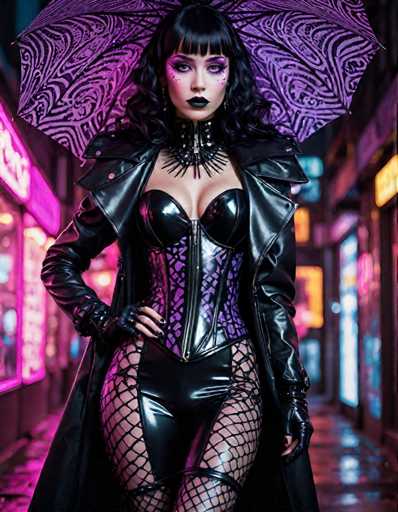 A woman is walking down a city street at night, wearing a corset and leather jacket with fishnet stockings. She holds an umbrella over her head as she walks past a store with neon lights.
