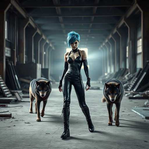 A woman with blue hair is standing in a large industrial warehouse surrounded by two dogs - one black and the other brown. The woman is wearing a black leather outfit that includes a halter on her head.