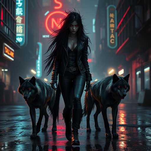 A woman with long dark hair and a leather jacket is walking down the street with two black dogs on leashes. The background features neon signs and buildings that glow with red lights, creating an urban night scene.