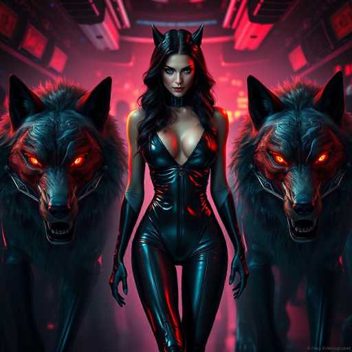 The image depicts a woman wearing a black leather outfit and cat ears standing in front of two large, red-eyed wolves with sharp teeth. The background is dark and features neon lights that create an eerie atmosphere.