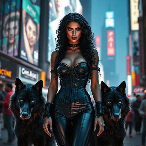 A woman with long dark hair and a corset stands confidently next to two black dogs on a city street at night. The background is filled with billboards and advertisements, creating an urban atmosphere.