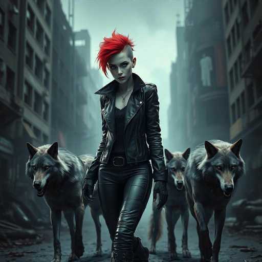 A woman with red hair and a leather jacket is walking down a street with two gray wolves on either side of her.