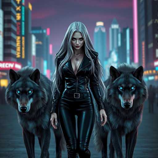 A woman with long blonde hair is walking down a street at night, accompanied by two large black dogs on leashes. The cityscape behind them features tall buildings and neon signs, creating an urban atmosphere.