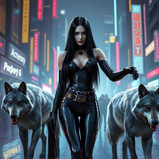 A woman dressed in black leather attire is walking down a city street with two gray wolves on either side of her. The wolf on the left has its mouth open and appears to be sniffing the air, while the other wolf on the right has its mouth closed and seems to be looking at something off-camera.