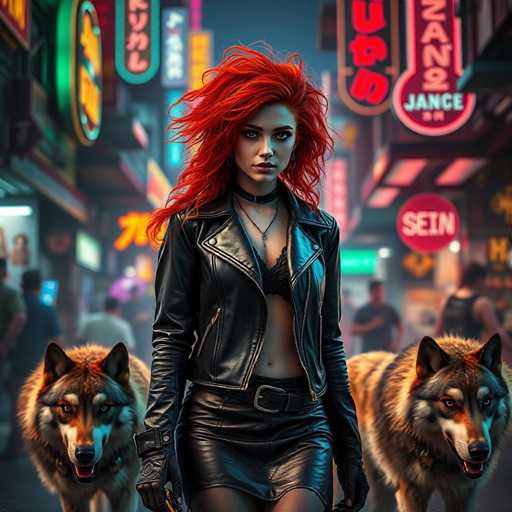 A woman with red hair and a black leather jacket is standing on the street next to two dogs - one brown and one gray. The background features neon signs for a bar or restaurant, suggesting an urban setting.