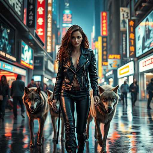 A woman is walking down a city street with two dogs on leashes. The dog on the left has its tongue out and appears to be panting, while the other dog on the right is looking at her curiously. In the background, there are neon signs for a clothing store and a restaurant, indicating that they are in an urban setting.