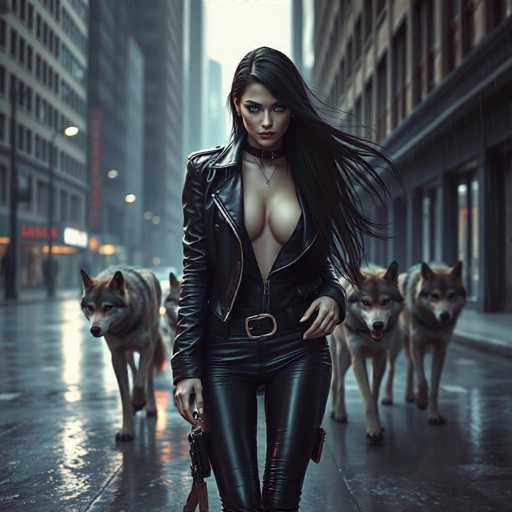 A woman wearing black leather pants and a black leather jacket is walking down the street with her two dogs on leashes. The background shows tall buildings and a wet city sidewalk reflecting the overcast sky above.