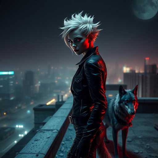 A woman with short blonde hair and a leather jacket stands on a rooftop at night, gazing off into the distance. A wolf is standing next to her, also looking out over the city skyline.
