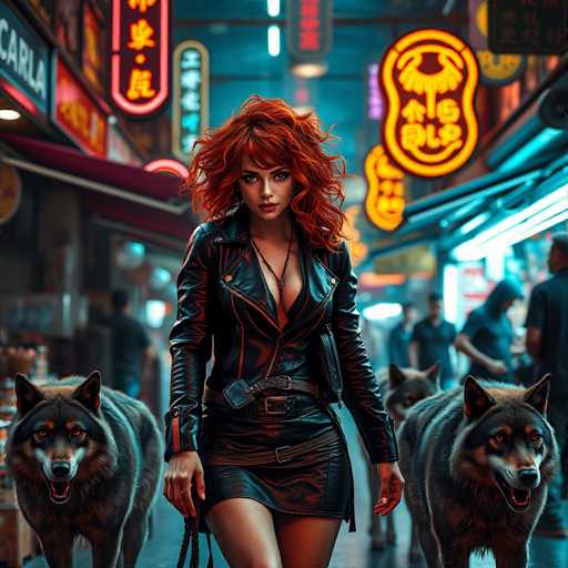A woman with red hair and a black leather jacket is walking down the street holding the leash of two dogs on leashes - one black dog and one brown dog. The background features neon signs for a store named "Carla" and another store called "Elite".