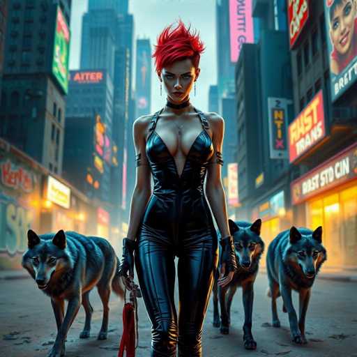 The image depicts a woman with red hair and short black hair wearing a black leather outfit walking down a city street at night. She is accompanied by three dogs of varying sizes - one large dog on her left side, another medium-sized dog in the center, and a smaller dog on her right side. The scene takes place in an urban setting with buildings lining both sides of the street, illuminated by bright lights that cast long shadows and create a sense of depth.