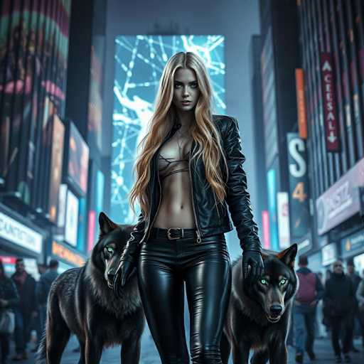 A woman with blonde hair and a black leather jacket is walking down the street holding two dogs on leashes. The background shows tall buildings and neon signs, creating an urban atmosphere.