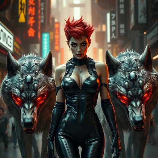 The image depicts a woman with red hair and black leather attire standing confidently in front of two gray wolves. The wolf on the left has glowing red eyes, while the one on the right has glowing yellow eyes. In the background, there are neon signs that read "CITY" and "STREET", suggesting an urban setting or street scene.