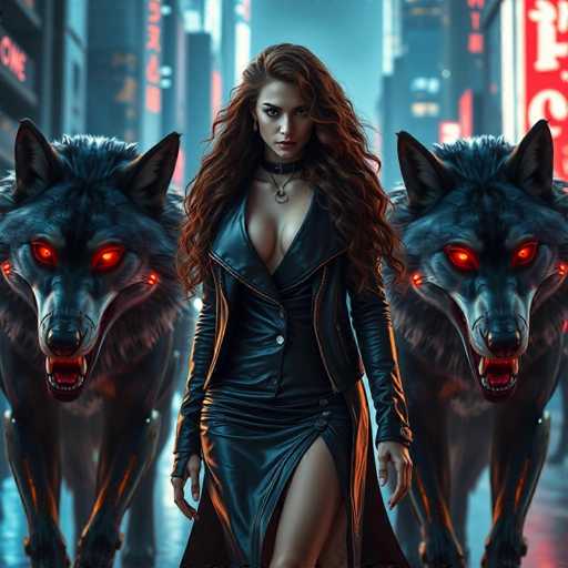 The image depicts a woman standing confidently in front of two large, glowing wolves with red eyes and sharp teeth. The woman is wearing a black leather dress that contrasts with the wolf's dark fur. The background shows an urban cityscape with buildings and neon signs, creating a sense of mystery and danger.