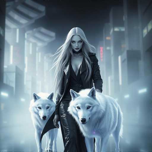 The image depicts a woman with blonde hair and a black dress walking down a street at night. She is accompanied by two white dogs on leashes. The background shows an urban setting with buildings and neon lights, creating a dark and mysterious atmosphere.