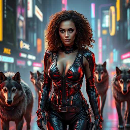 The image depicts a woman wearing a black leather outfit with a high neckline and a belt cinched at the waist. She is standing on a street corner surrounded by three dogs of different colors - one gray, one black, and one brown. The background shows a cityscape with buildings illuminated by neon lights.