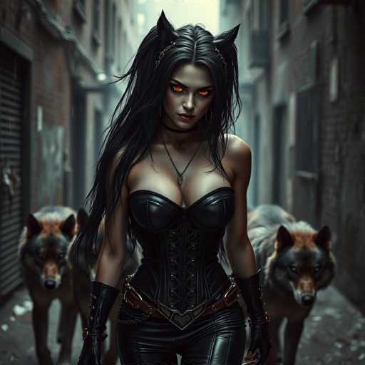 A woman with long dark hair and a black corset is walking down an alleyway between two large dogs wearing red bandanas on their heads.