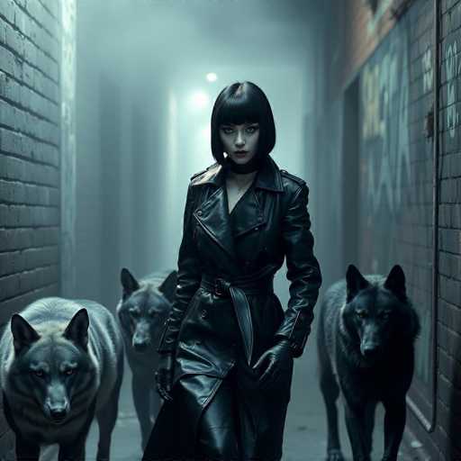 A woman wearing a black leather jacket and gloves is walking down an alleyway with three dogs following her closely behind.