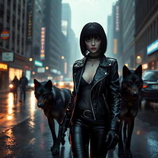 A woman with short black hair and a leather jacket is walking down the street accompanied by two dogs on leashes. The background features tall buildings and cars, creating an urban setting for this scene.