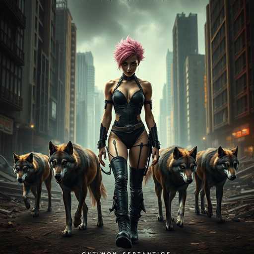 The image depicts a woman with pink hair and black boots walking down a street flanked by four dogs of various colors - brown, black, and red. The background shows an urban setting with buildings in the distance under a cloudy sky.
