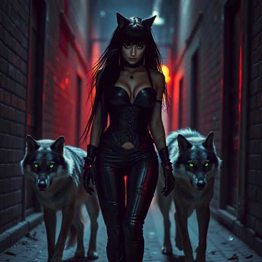 A woman wearing black leather boots and a corset is walking down an alleyway with two gray wolves on either side of her.