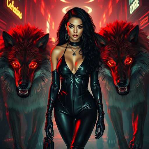 The image depicts a woman wearing a black leather outfit and holding a gun, standing in front of two large wolves with glowing red eyes. The background is dark and features neon signs for "Cocaine" and "Corrie".