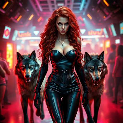 The image depicts a woman with red hair and tattoos walking down a dimly lit street at night. She is wearing black leather clothing that includes gloves and boots. The background features neon lights and other people in the distance.