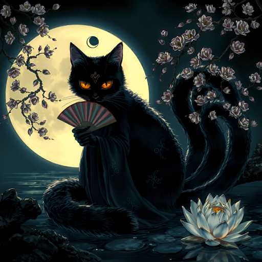 The image depicts a black cat sitting on a rock with its tail curled around it and holding a fan in one paw while the other paw is raised as if to wave or greet someone. The background features a full moon and cherry blossom trees, creating an ethereal atmosphere.