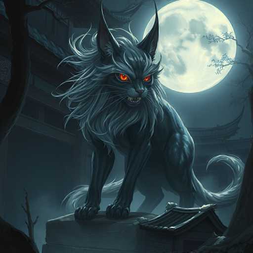 The image depicts a large, dark gray cat with red eyes standing on a stone pedestal and facing the viewer directly. The cat is positioned centrally within the frame, drawing attention to its imposing presence. In the background, there are trees and buildings that add depth to the scene.