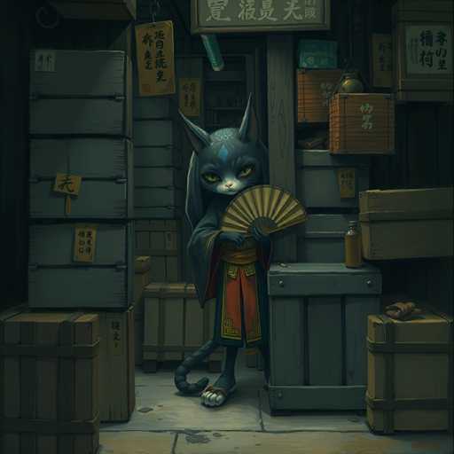 A cartoon cat dressed in traditional Japanese clothing stands on a gray sidewalk with its arms crossed and holding a fan. The cat is positioned between two stacks of boxes, one brown and the other green, which appear to be filled with various items such as bottles and cans.