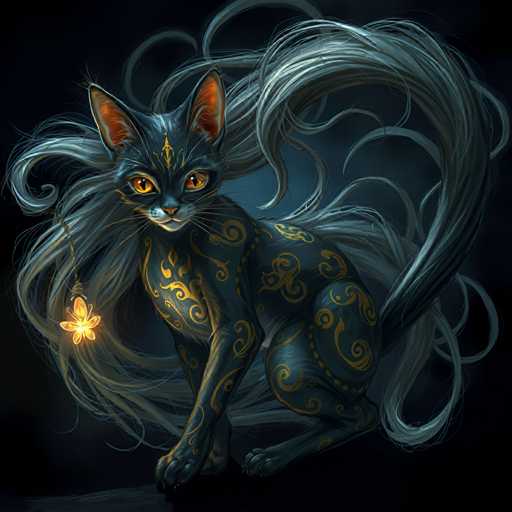 A black cat with white paws and a yellow nose is depicted against a dark background. The cat's fur features intricate gold designs that add to its majestic appearance. A butterfly is attached to the cat's tail, fluttering in front of it.