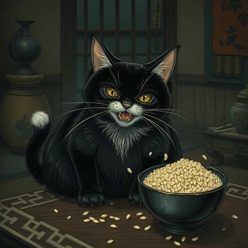 A black cat with yellow eyes is sitting on a wooden table next to a bowl of rice and a vase filled with flowers. The cat's mouth is open as it appears to be eating the rice from the bowl.