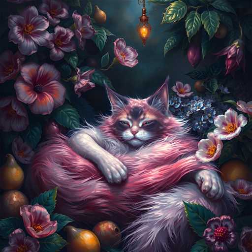 The image depicts a pink cat with white paws and fur comfortably nestled among flowers and fruits on the right side of the frame. The background is dark and filled with purple and green hues, creating an enchanting atmosphere.