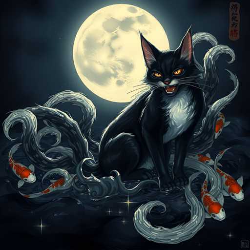 The image depicts a black cat with white paws and tail sitting on the right side of the frame, facing towards the left. The cat is surrounded by a large number of orange fish that appear to be swimming around it in various directions. In the background, there is a full moon visible behind the cat.